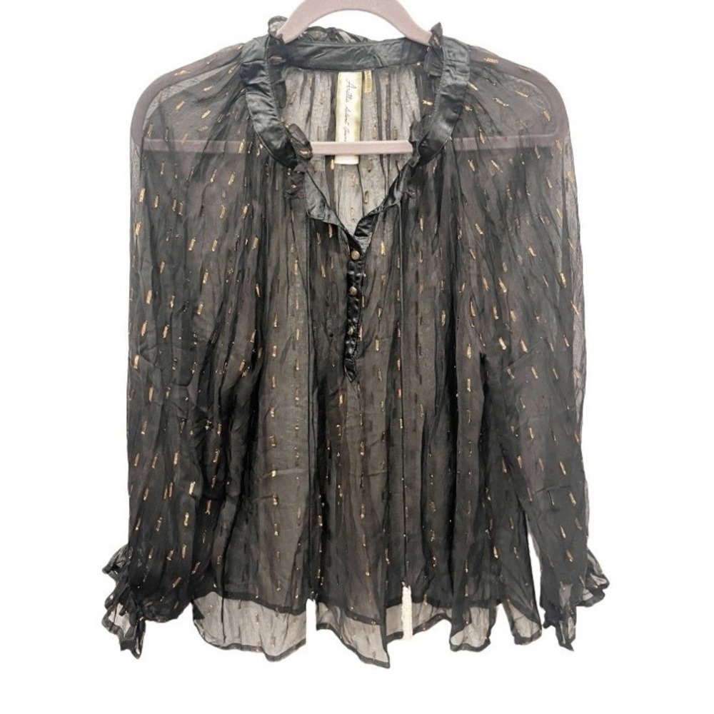 Aratta Silent Journey Sheer Metallic‎ Clip Dot Tassel Peasant Top Size Small